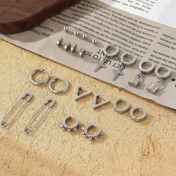 New Cross Dangle Earrings for Men, 25 Pieces Stainless Steel Long Chain Piercing - Picture 6 of 7